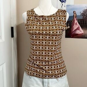 Y2K Brown and White Preppy Patterned Tank Top